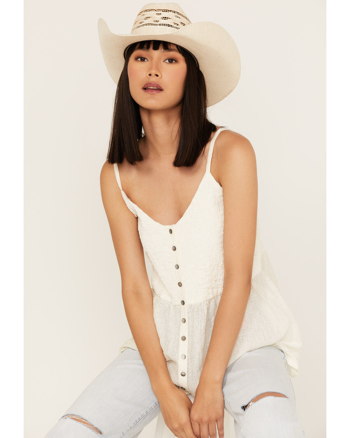 Cleo + Wolf Women's Smocked Button Front Woven Tank Top