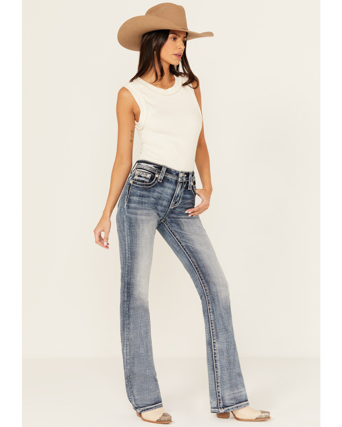 Miss Me Women's Medium Wash Mid Rise Horseshoe Bootcut Stretch Denim Jeans