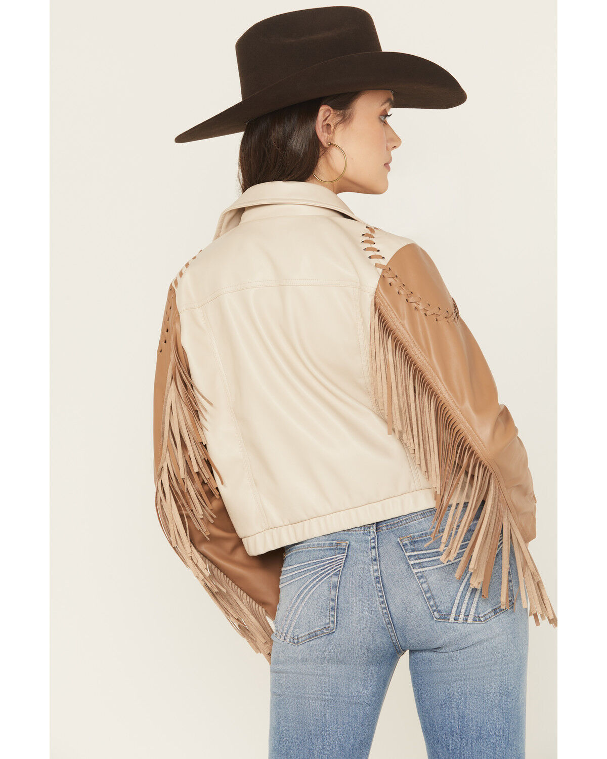 Blue B Women's Fringe Whip Stitch Faux Leather Moto Jacket