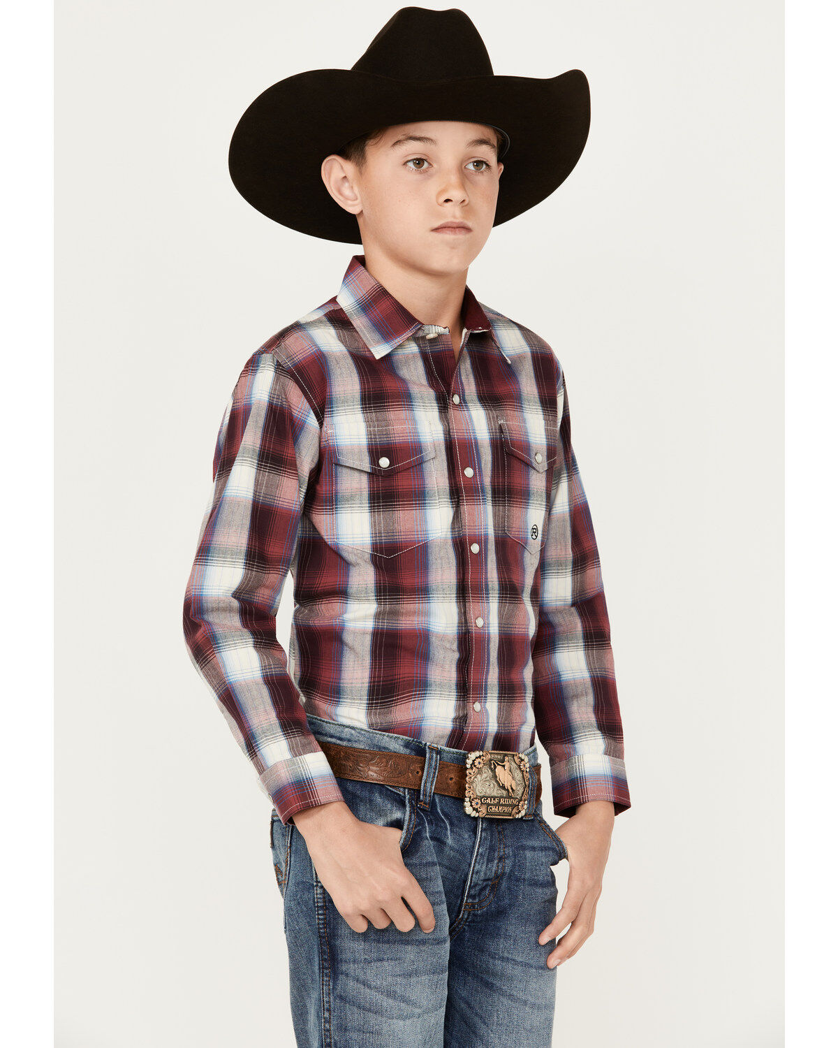 Roper Boys' Plaid Print Long Sleeve Pearl Snap Western Shirt