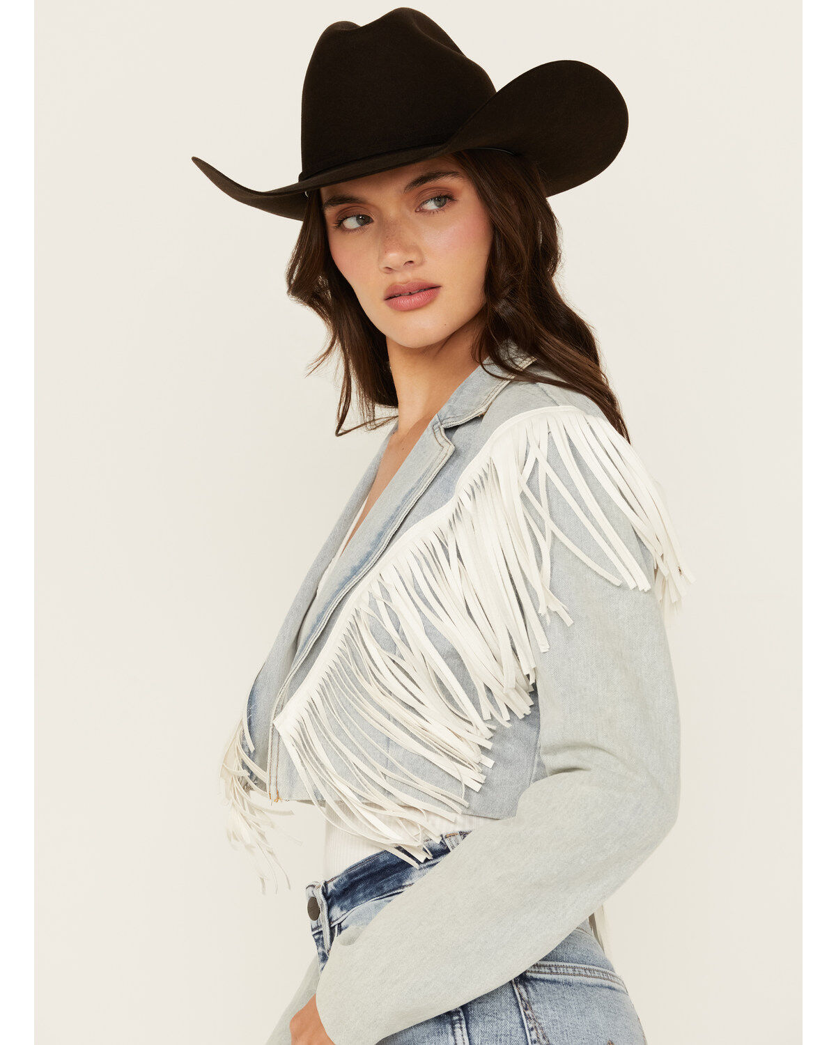 Azalea Wang Women's Halina Fringe Light Wash Cropped Denim Jacket