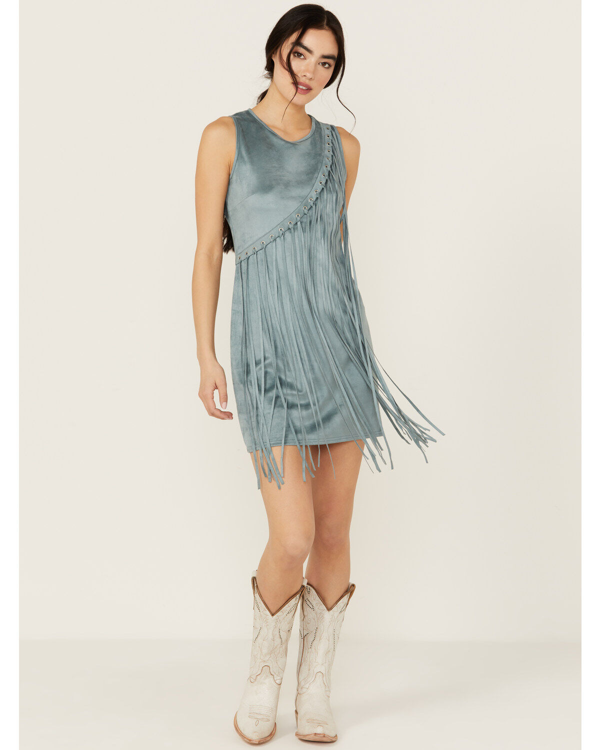 Rock & Roll Denim Women's Asymmetrical Fringe Sleeveless Mini Dress