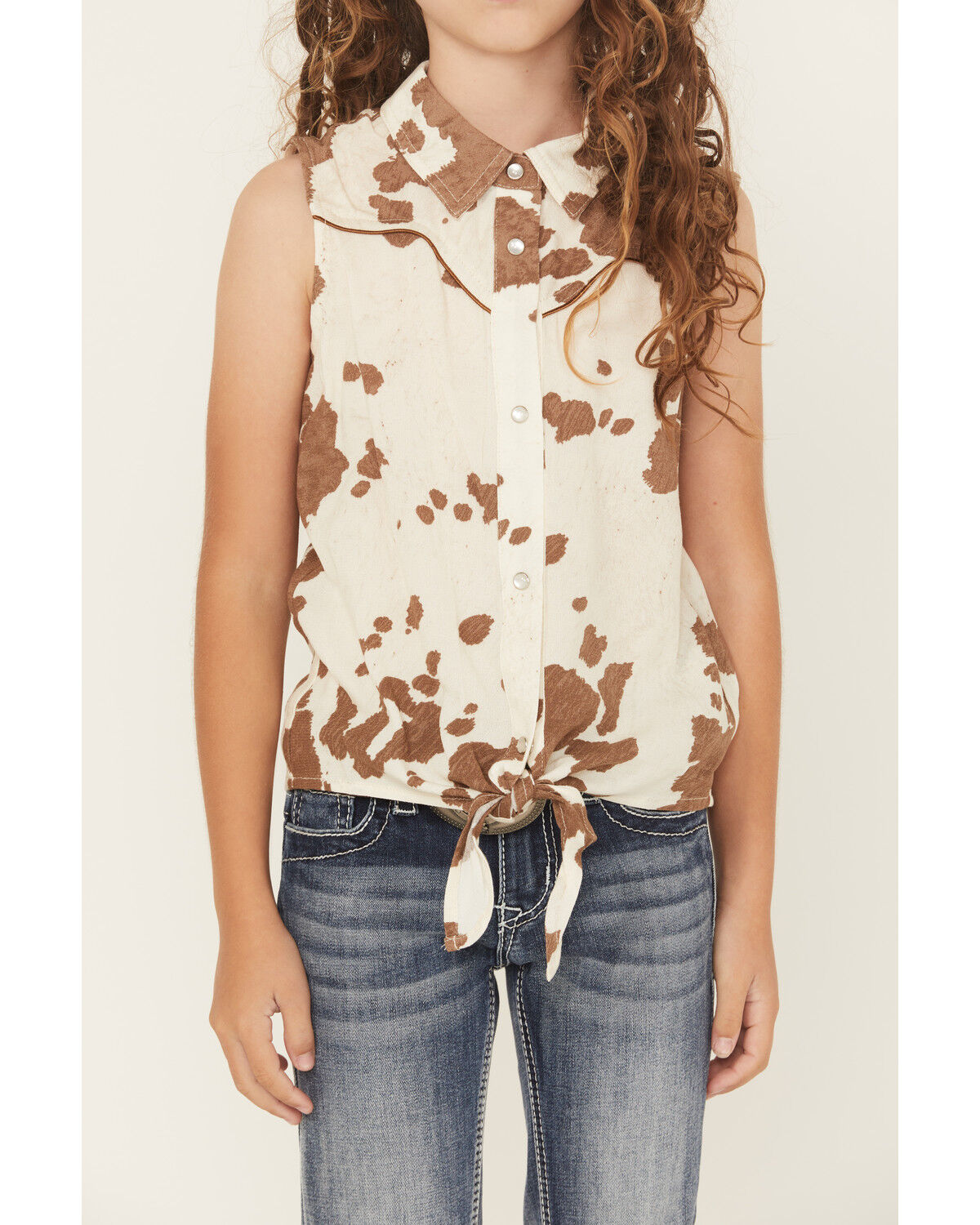 Shyanne Girls' Cow Print Sleeveless Pearl Snap Tie-Front Top