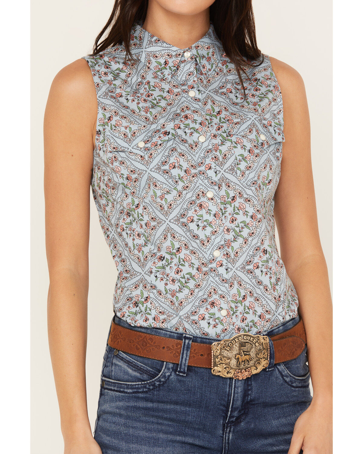 Wrangler Women's Floral Paisley Print Woven Sleeveless Snap Western Shirt
