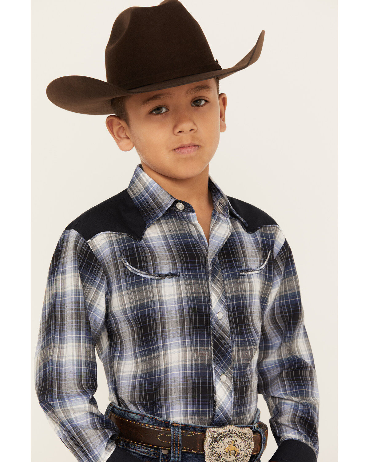 Roper Boys' Plaid Print Long Sleeve Pearl Snap Retro Western Shirt