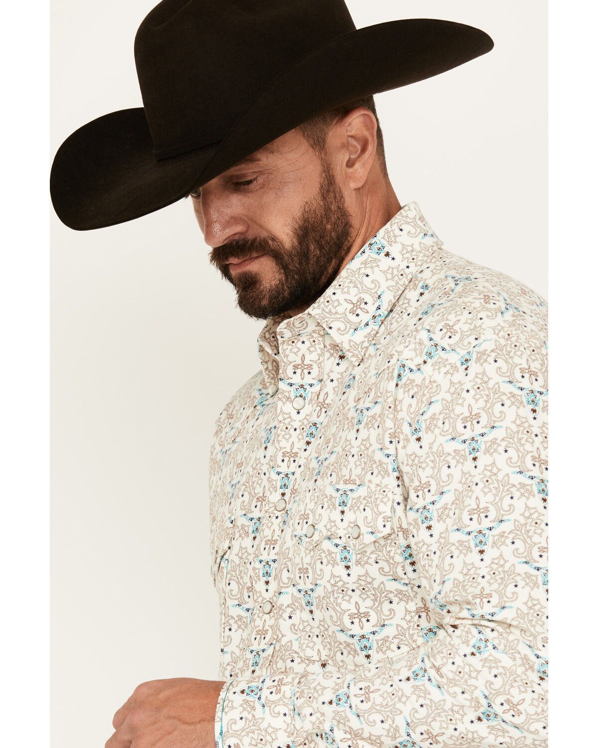 Rough Stock by Panhandle Men's Steer Head Print Long Sleeve Pearl Snap Western Shirt