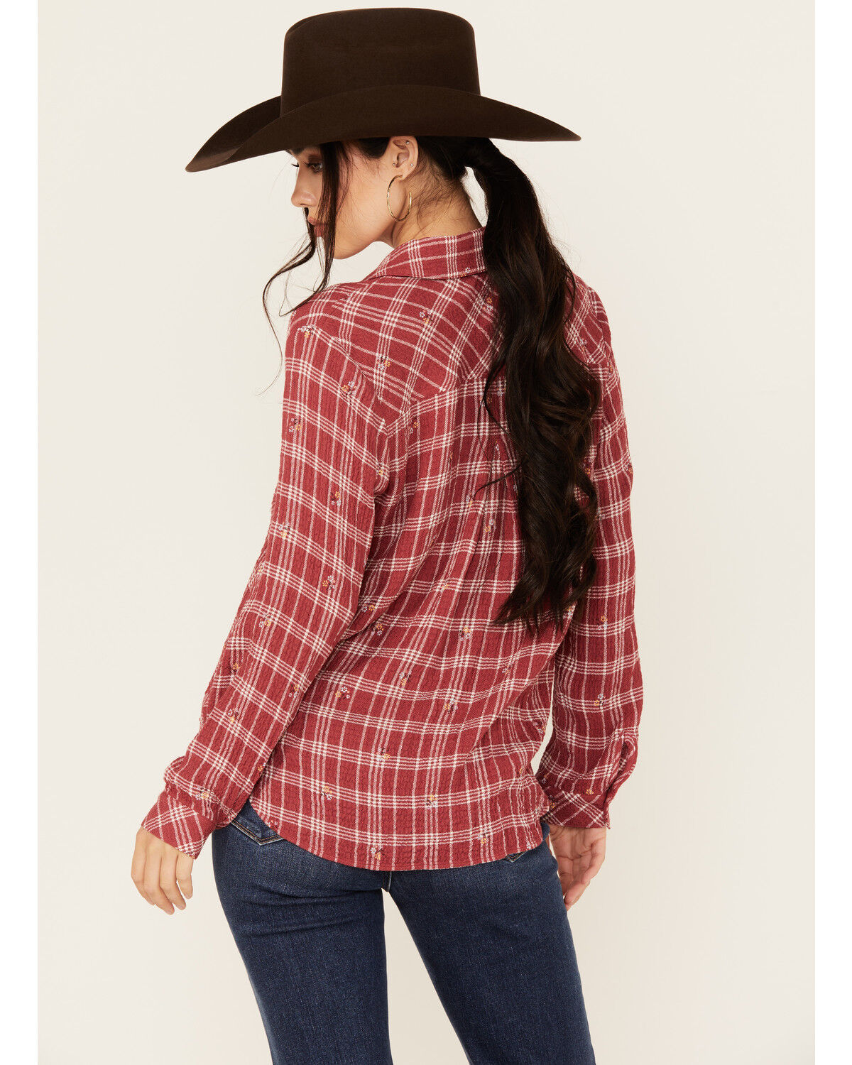 Beyond The Radar Women's Plaid Print Floral Long Sleeve Button-Down Shirt