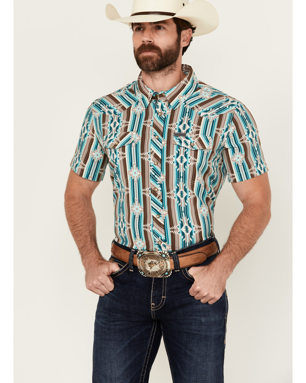 Panhandle Men's Southwestern Print Short Sleeve Snap Performance Stretch Western Shirt