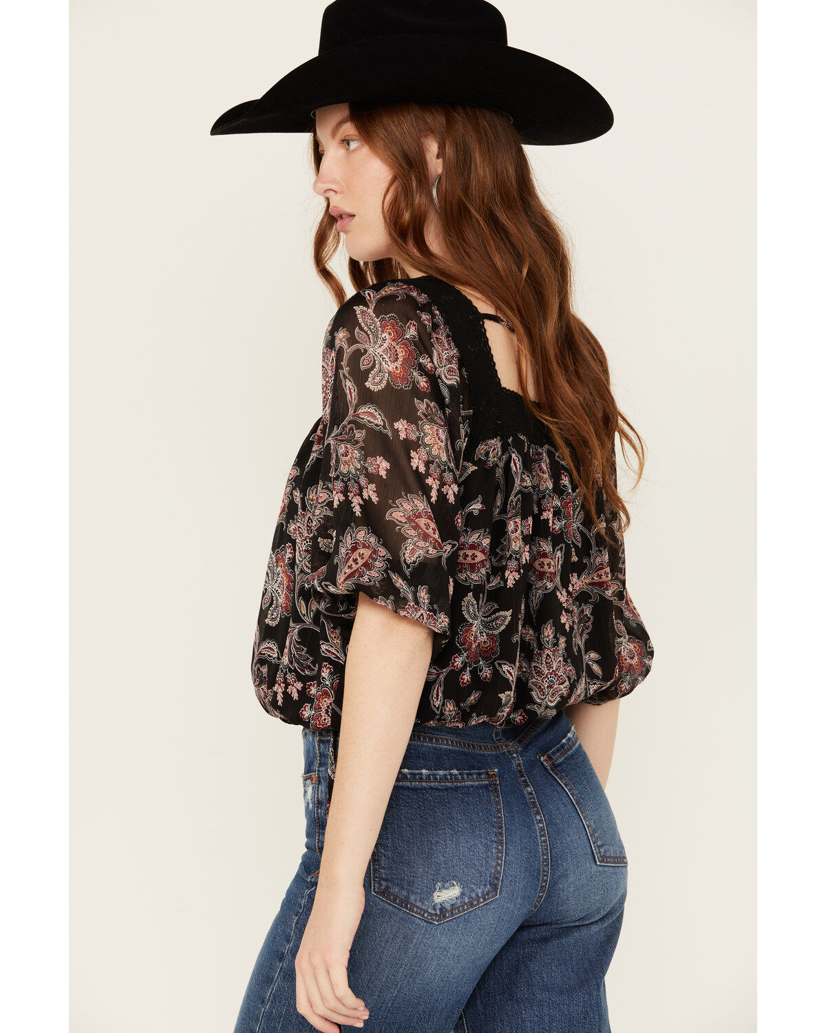 Wild Moss Women's Floral Pais Short Sleeve Peasant Top