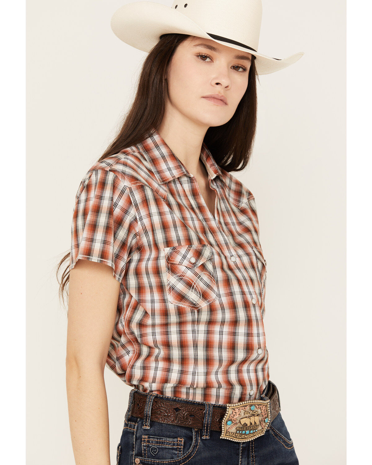 Rough Stock by Panhandle Women's Plaid Print Stretch Short Sleeve Western Snap Shirt