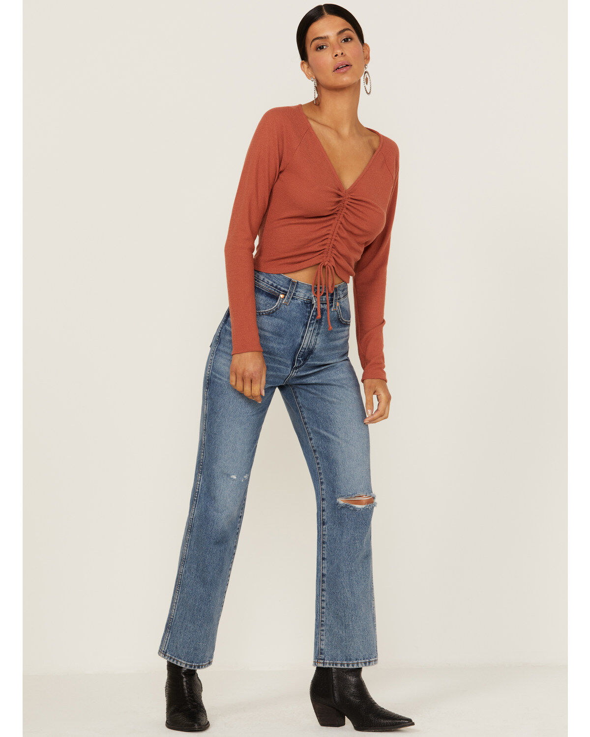 Lush Women's Brick Long Sleeve Cinch Front Knit Top