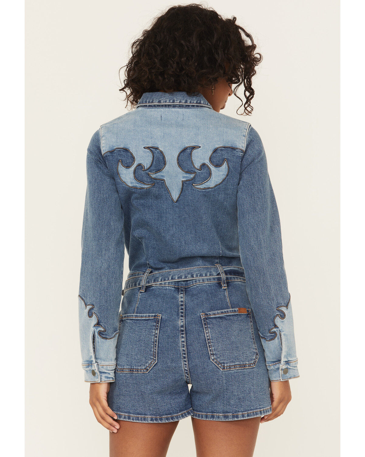 Rock & Roll Denim Women's Medium Wash Long Sleeve Snap Stretch Denim Romper