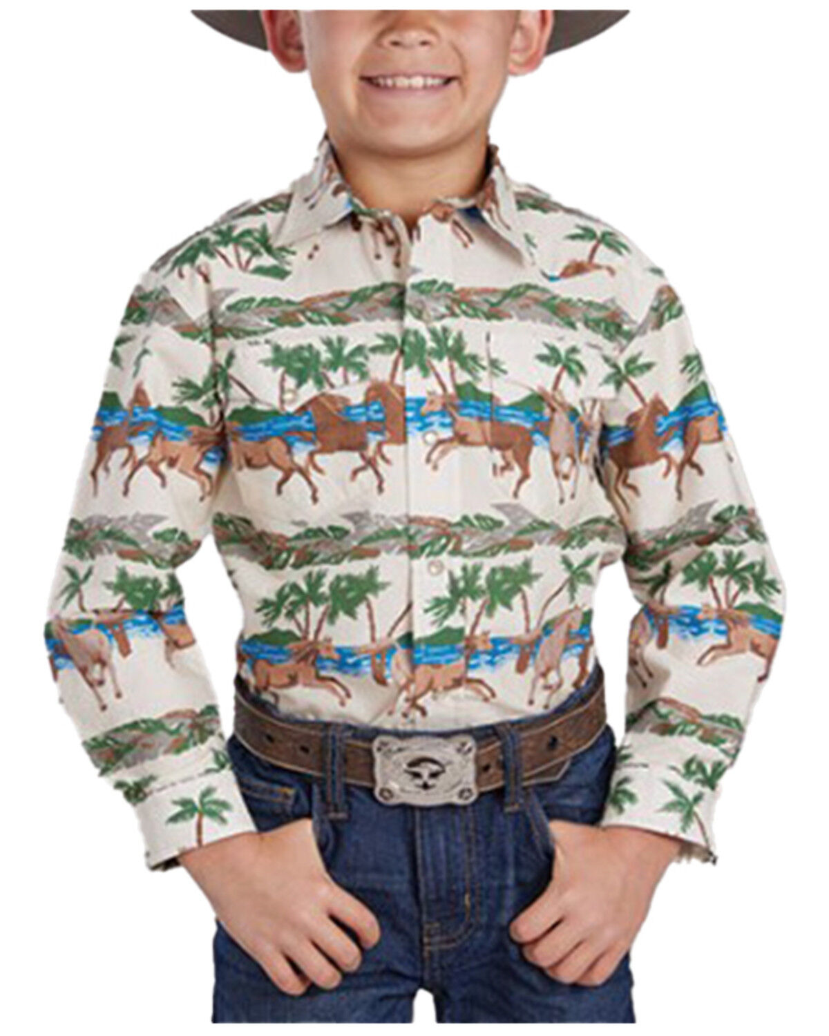Roper Boys' Beach Horses Printed Long Sleeve Pearl Snap Western Shirt