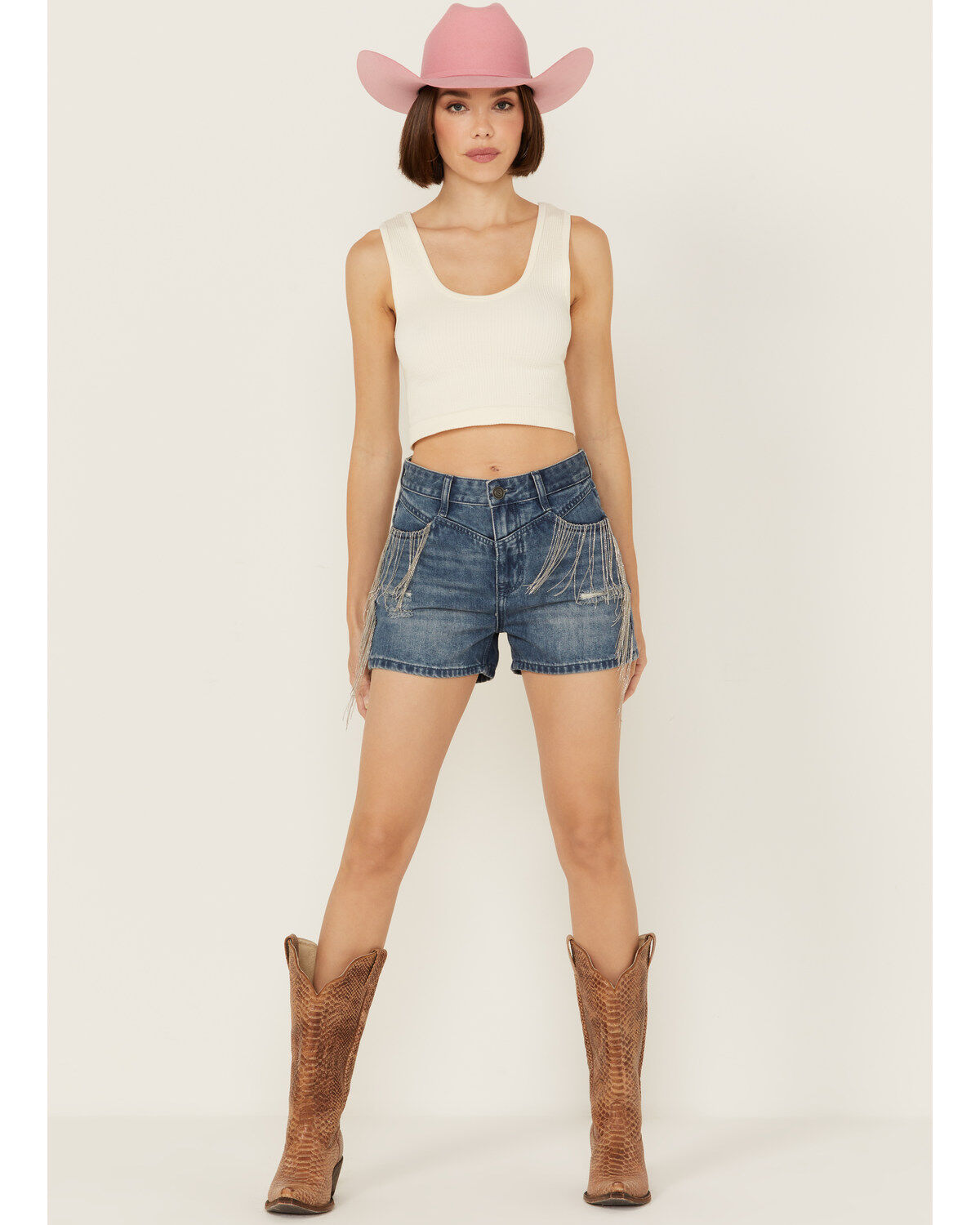 Rock & Roll Denim Women's Medium Wash High Rise Chain Fringe Denim Shorts