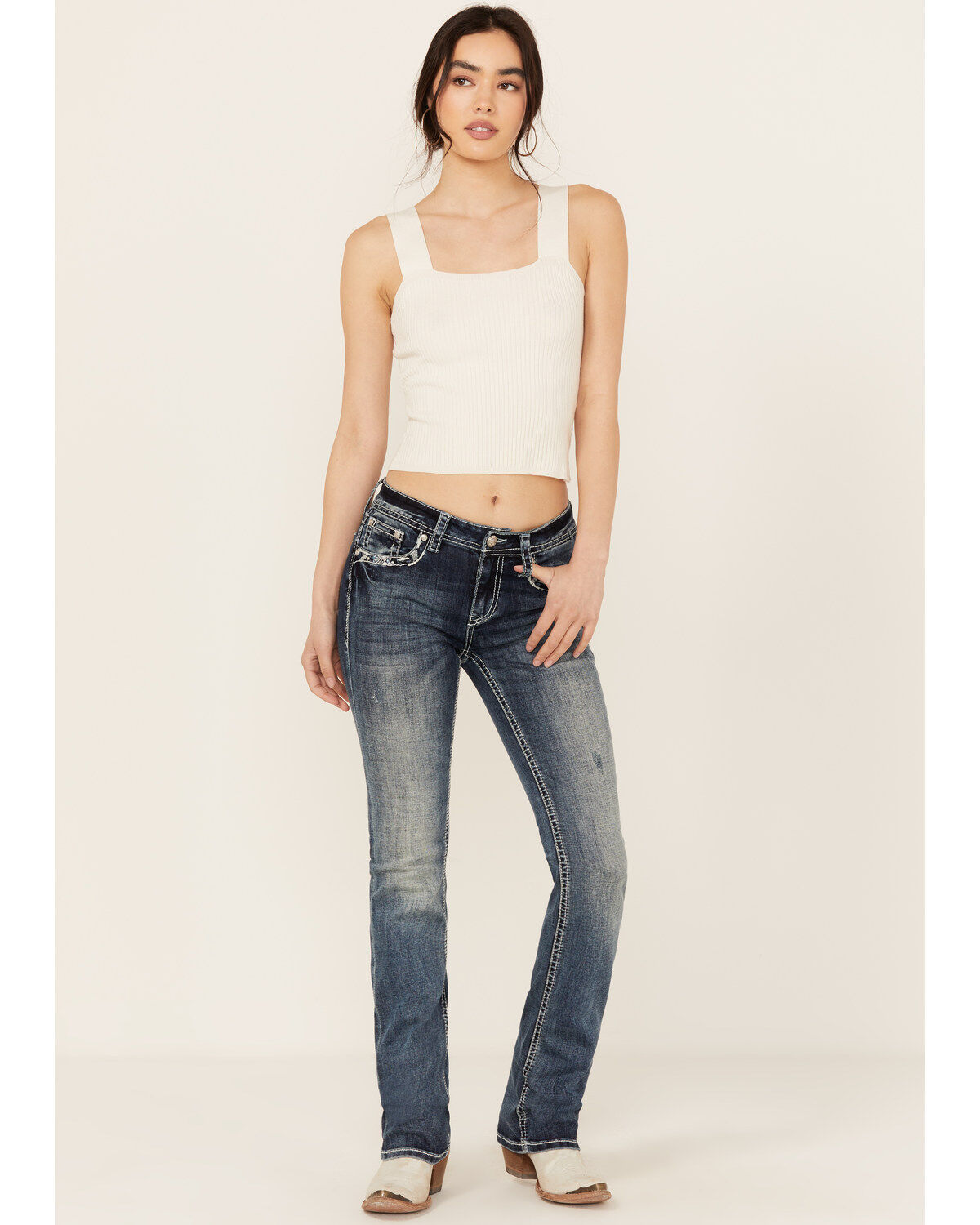 Grace In LA Women's Medium Wash Sequin Longhorn Pocket Mid Rise Bootcut Stretch Denim Jeans