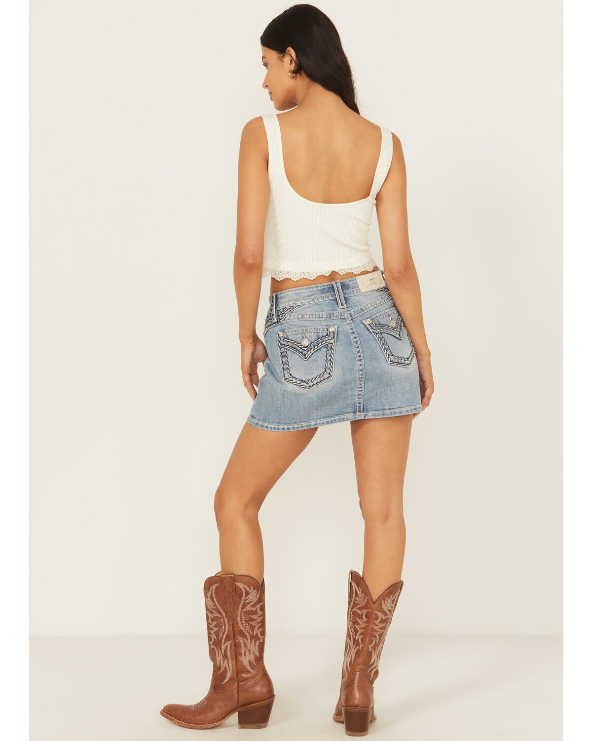 Miss Me Women's Light Wash Mid Rise Embroidered Denim Stretch Mini Skirt