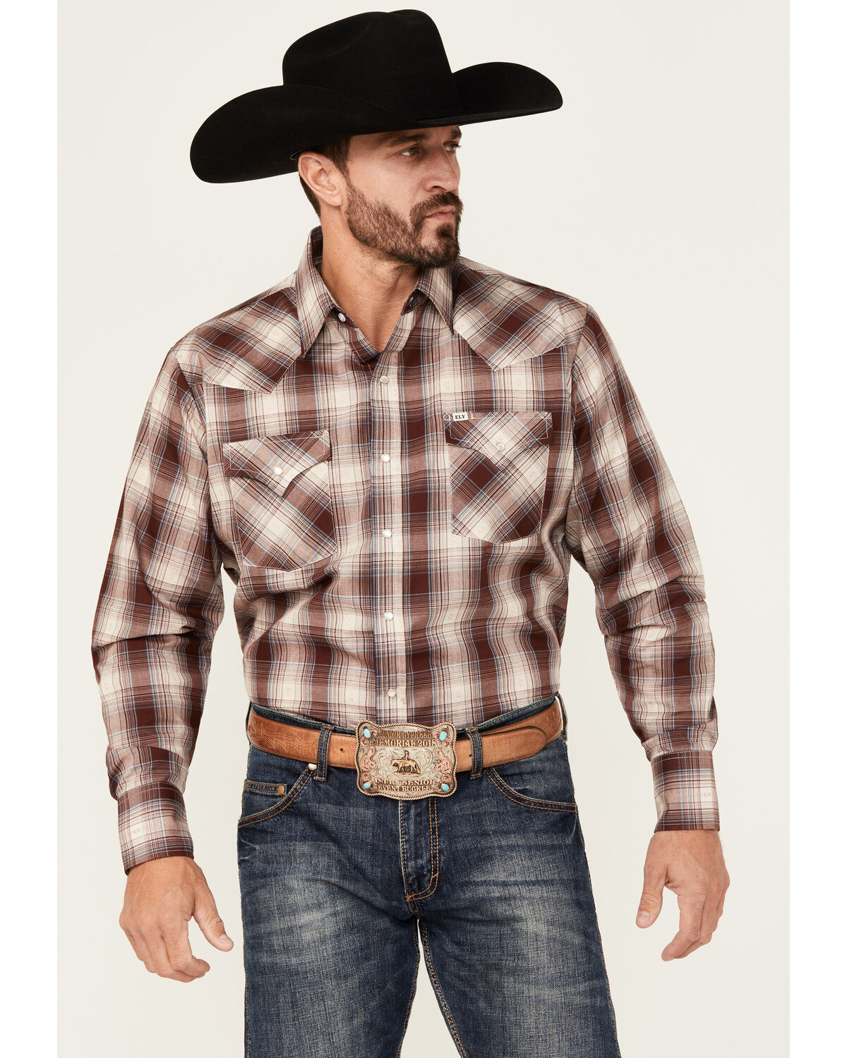 Ely Walker Men's Plaid Print Long Sleeve Pearl Snap Western Shirt
