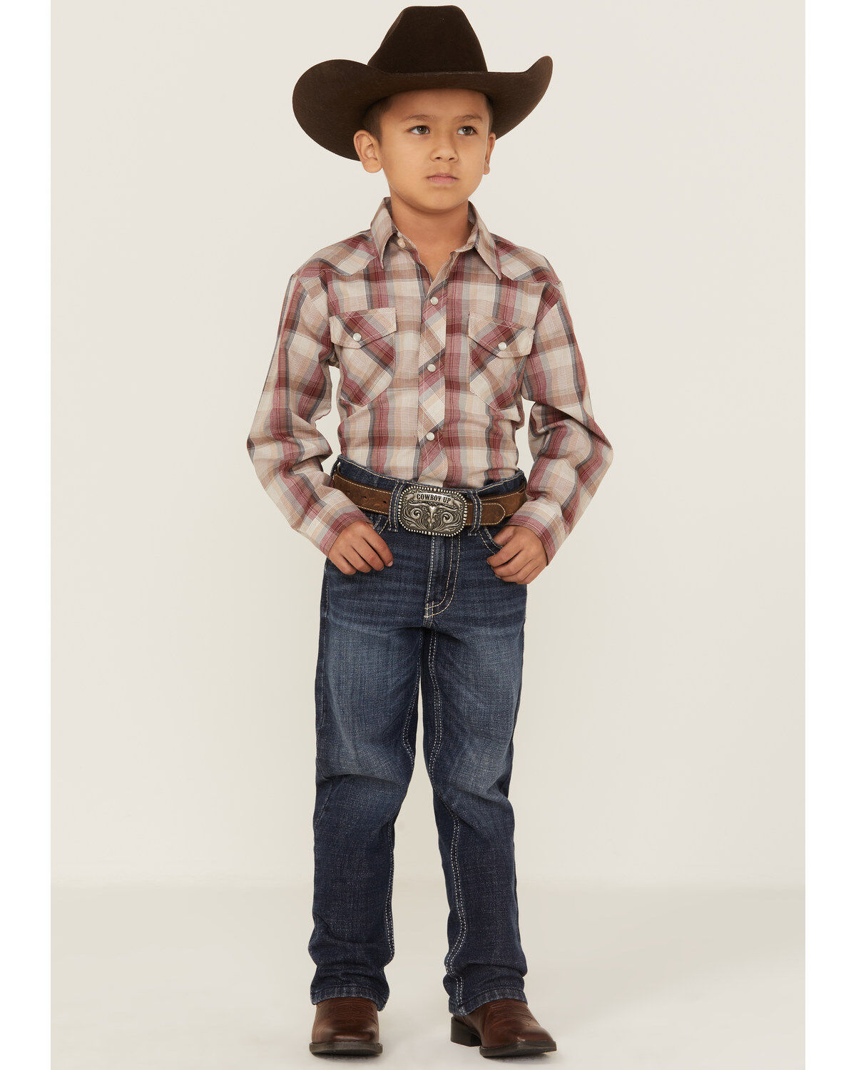 Roper Boys' Plaid Print Long Sleeve Pearl Snap Western Shirt