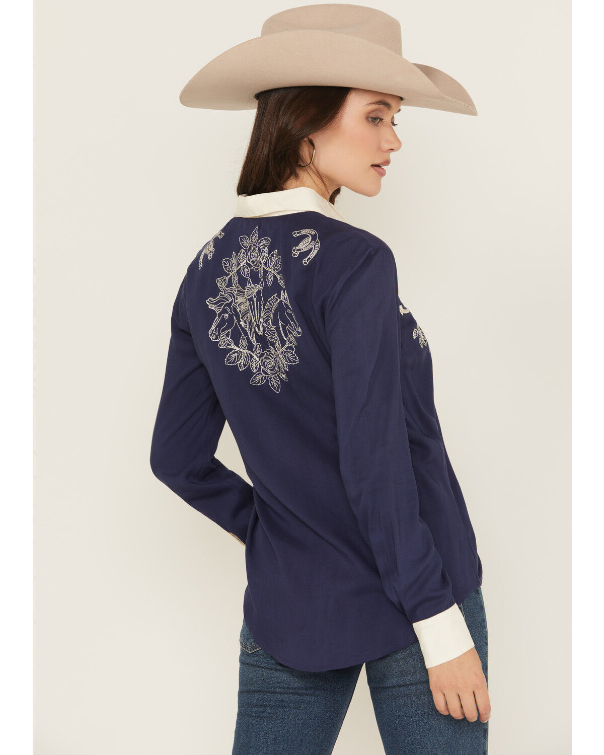 Panhandle Women's Retro Floral & Horse Embroidered Long Sleeve Pearl Snap Western Shirt