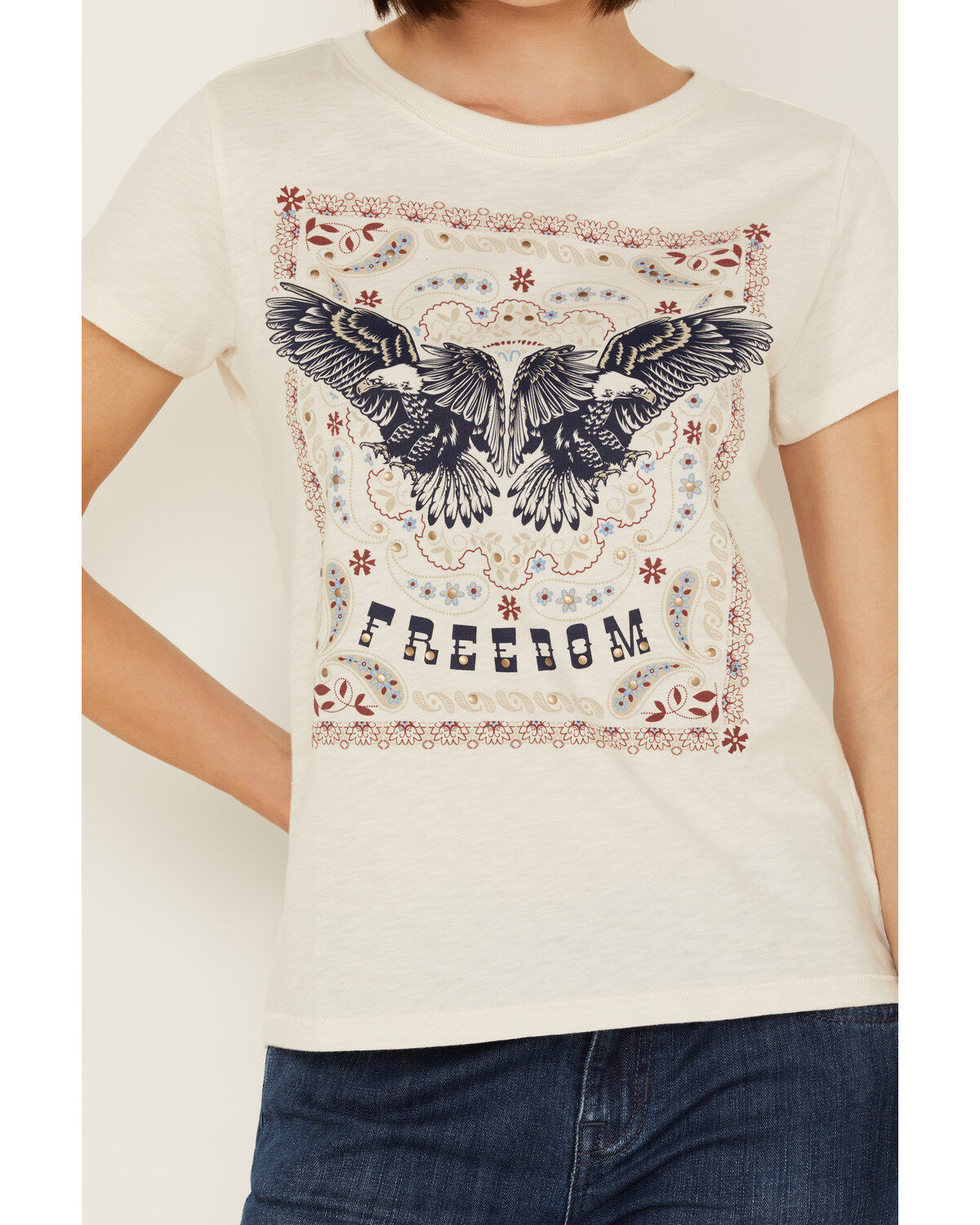 Shyanne Women's Be Free Studded Short Sleeve Boyfriend Graphic Tee