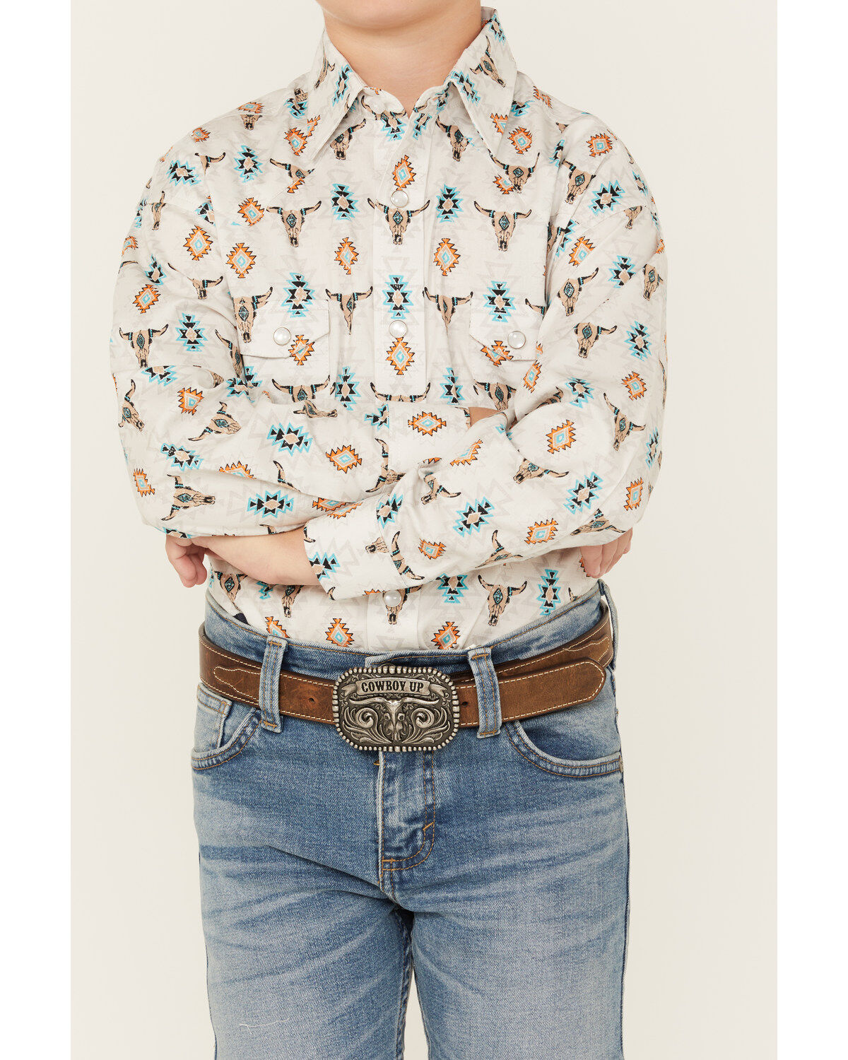 Rock & Roll Denim Boys' Steer Head Southwestern Print Long Sleeve Pearl Snap Stretch Western Shirt