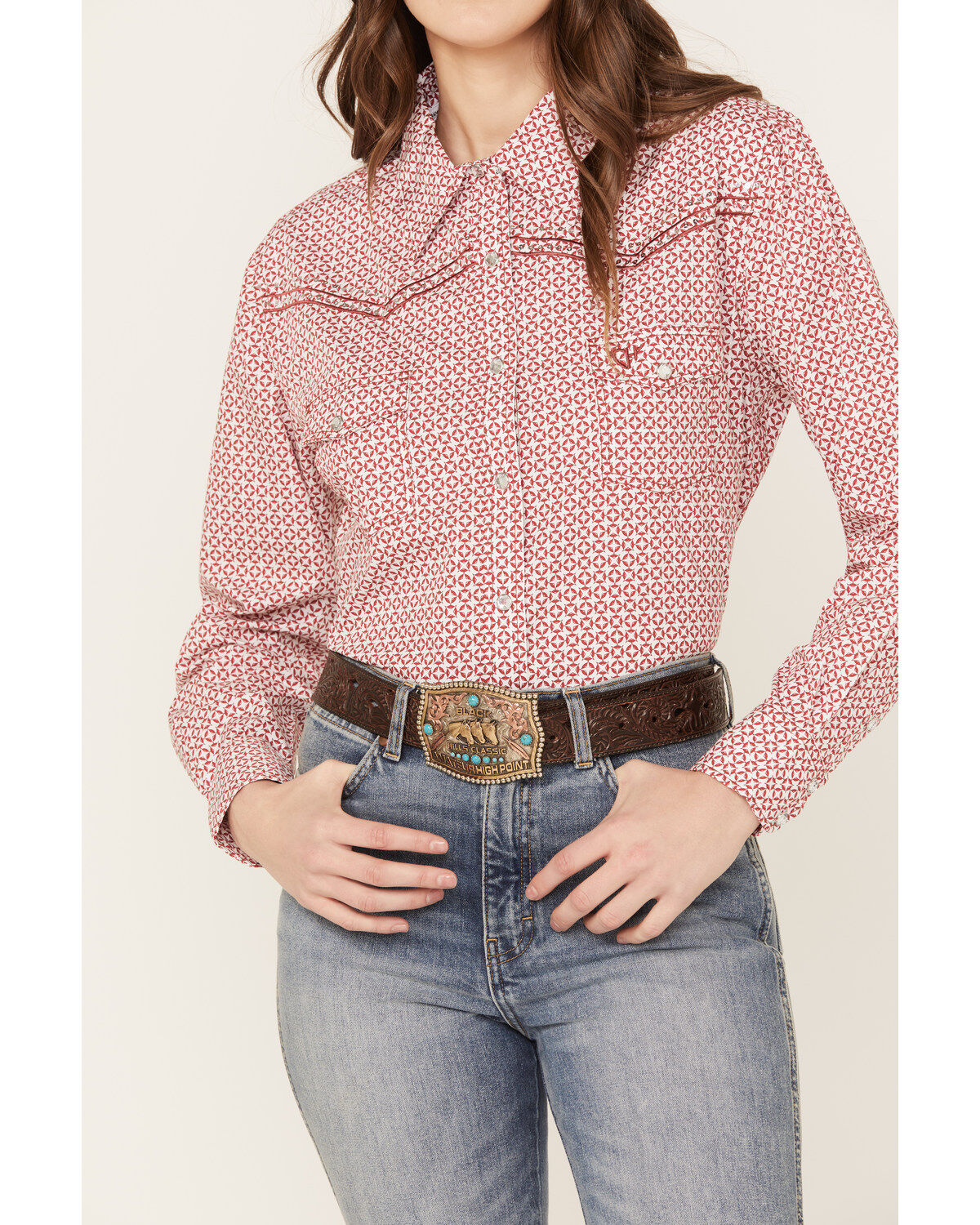 Cowgirl Hardware Women's Geo Print Long Sleeve Western Pearl Snap Shirt