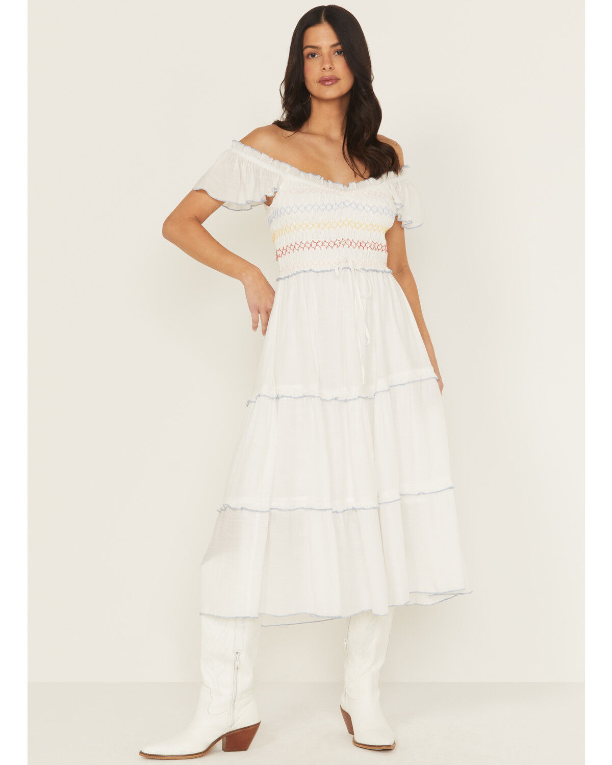 Wild Moss Women's Smocked Ruffle Sleeve Midi Dress