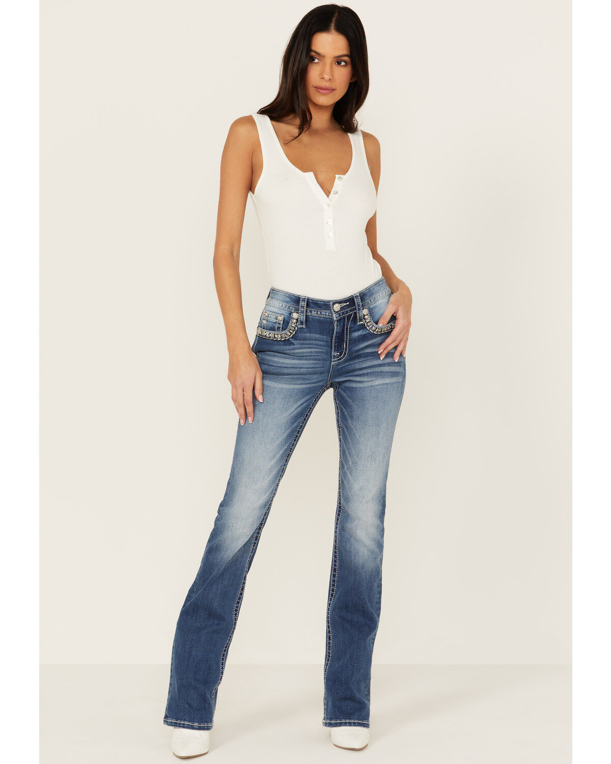 Miss Me Women's Medium Wash Mid Rise Border Flap Pocket Bootcut Stretch Denim Jeans