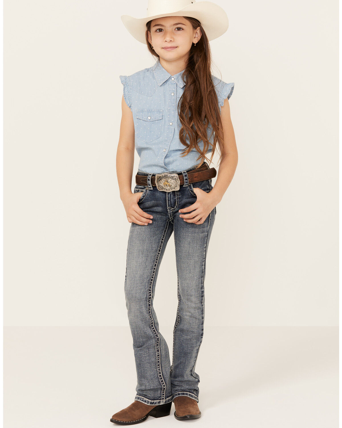 Shyanne Little Girls' Medium Wash Faded Paisley Pocket Stretch Bootcut Jeans