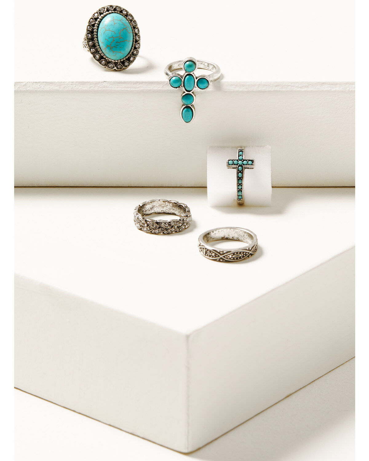 Shyanne Women's Silver & Turquoise Stone Cross 5-piece Ring Set