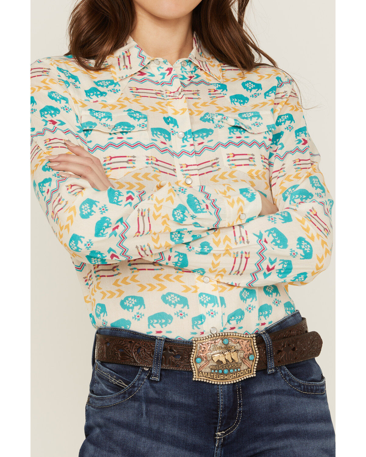 Roper Women's Buffalo Roam Southwestern Print Long Sleeve Pearl Snap Western Shirt