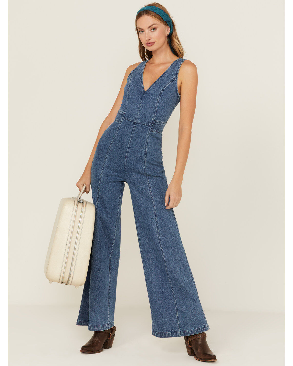 Flying Tomato Women's Denim Medium Wash Tie Back Jumpsuit