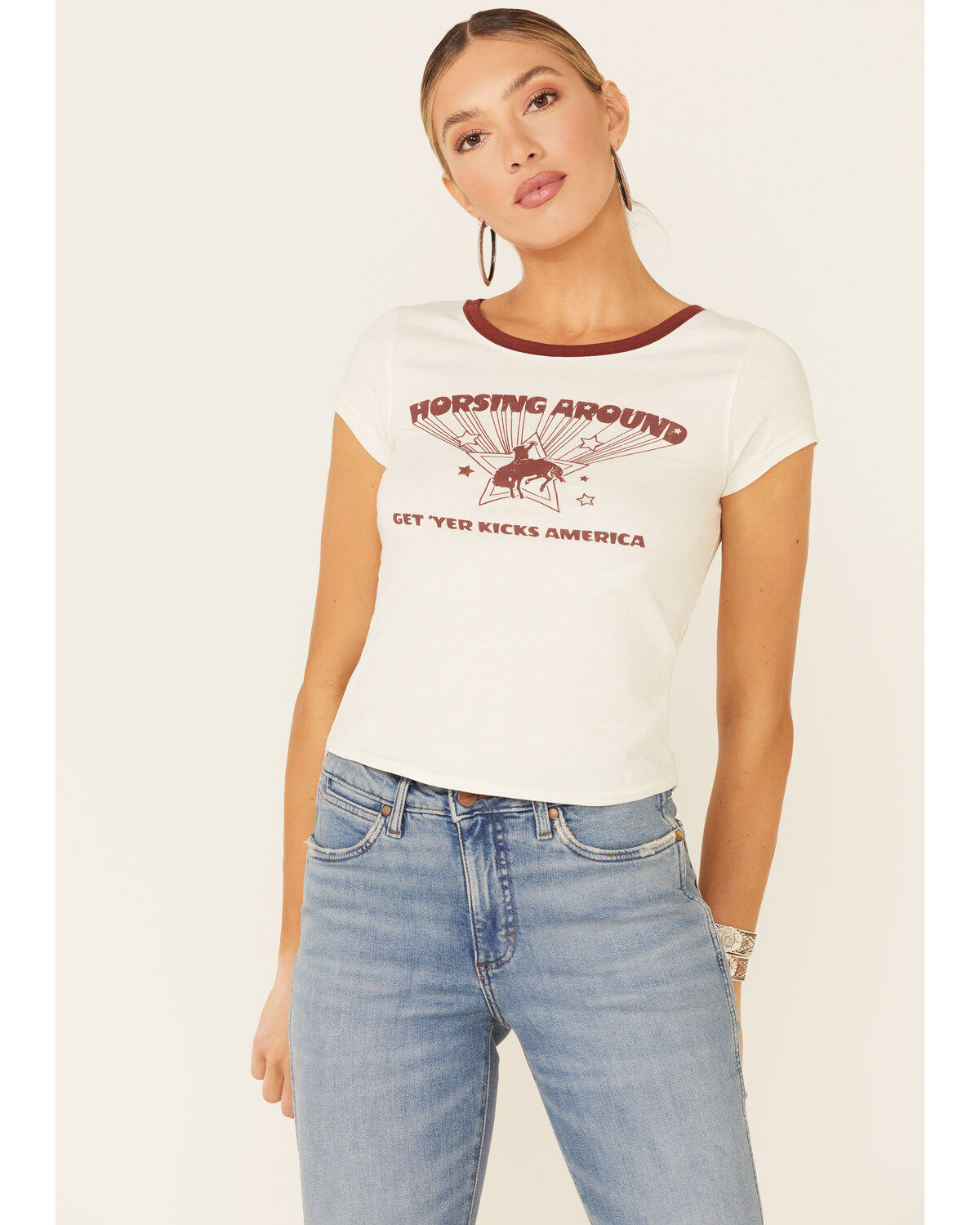 Shyanne Women's Off-White Horsing Around Graphic Short Sleeve Ringer Tee