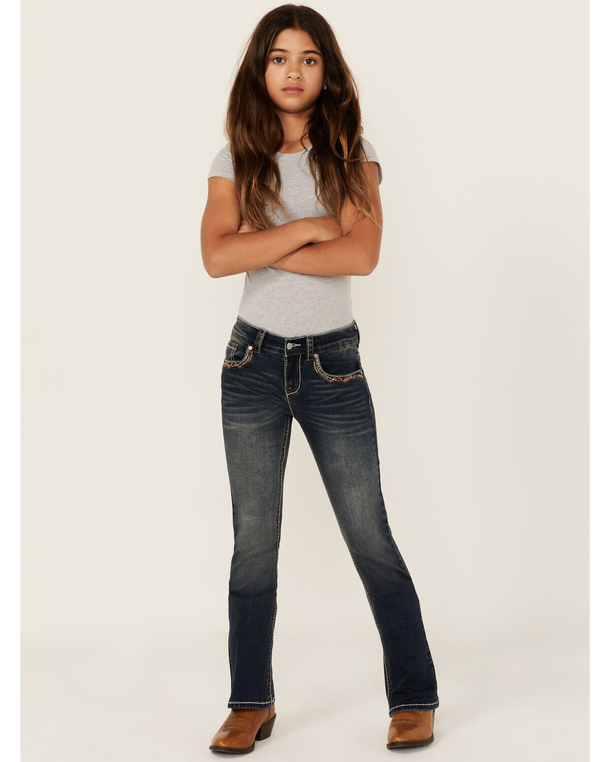 Shyanne Girls' Medium Wash Cowhide Pocket Bootcut Stretch Denim Jeans