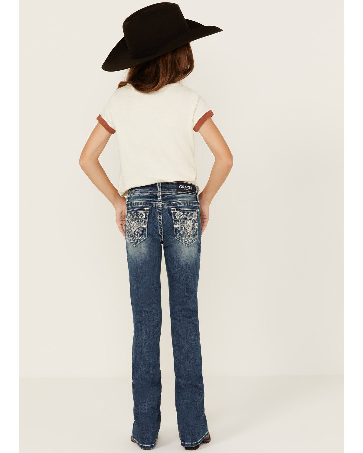 Grace in LA Girls' Dark Wash Geo Print Pocket Stretch Bootcut Jeans