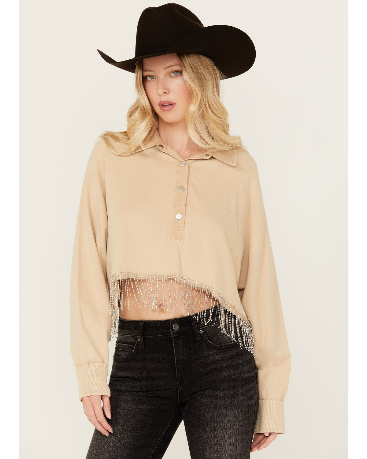 Blue B Women's Rhinestone Fringe Long Sleeve Cropped Henley Shirt