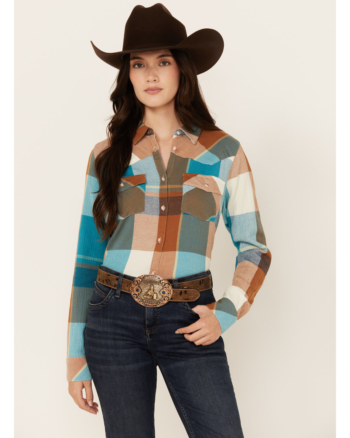 Shyanne Women's Plaid Print Long Sleeve Button-Down Western Shirt