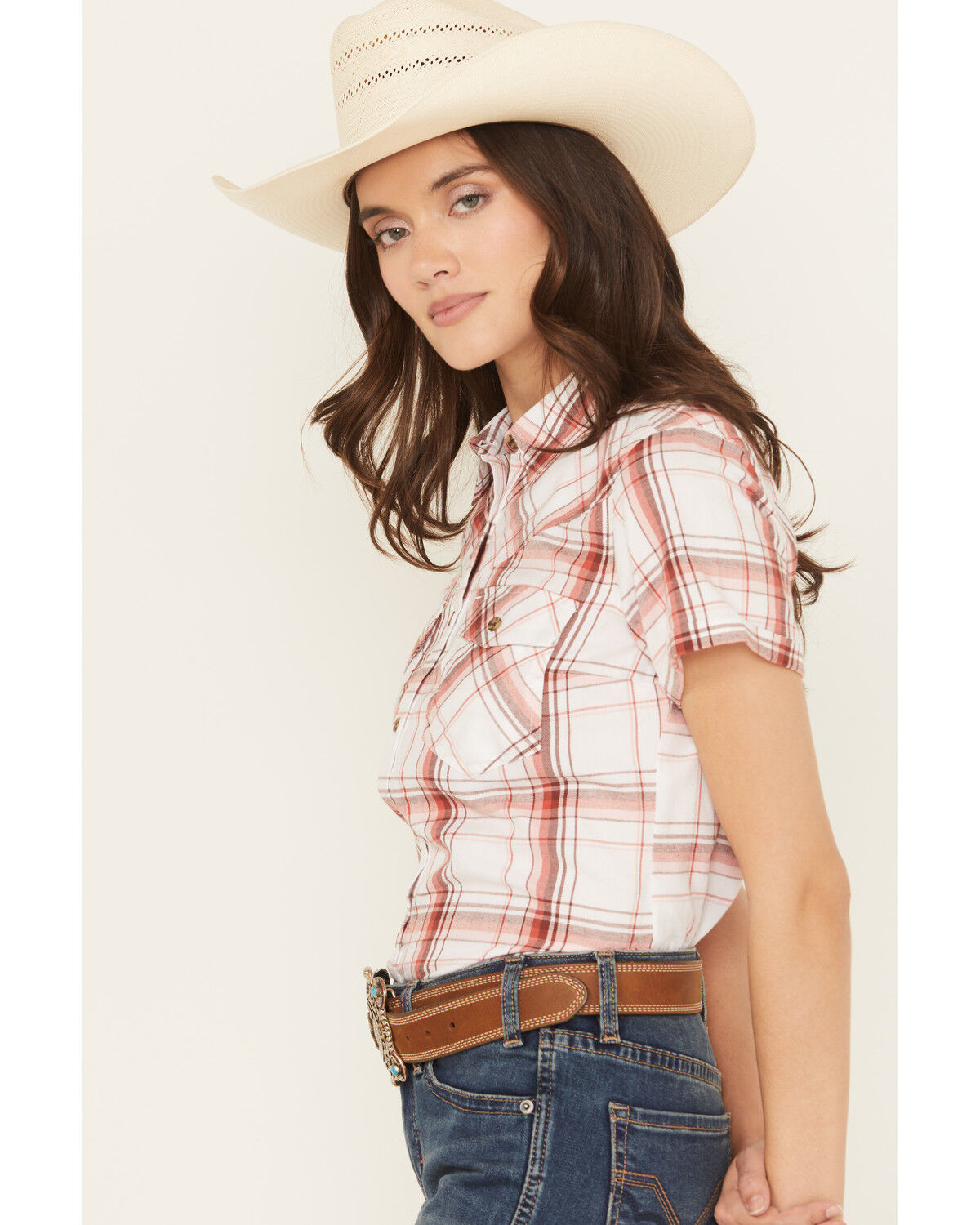 Shyanne Women's Plaid Print Short Sleeve Button-Down Western Shirt