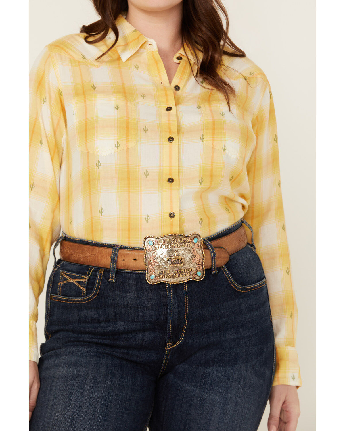 Ariat Women's R.E.A.L Billie Jean Cactus Plaid Print Long Sleeve Button-Down Western Shirt - Plus