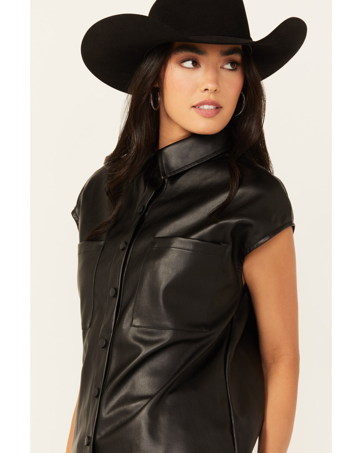 Revel Women's Faux Leather Button-Down Cap Sleeve Top