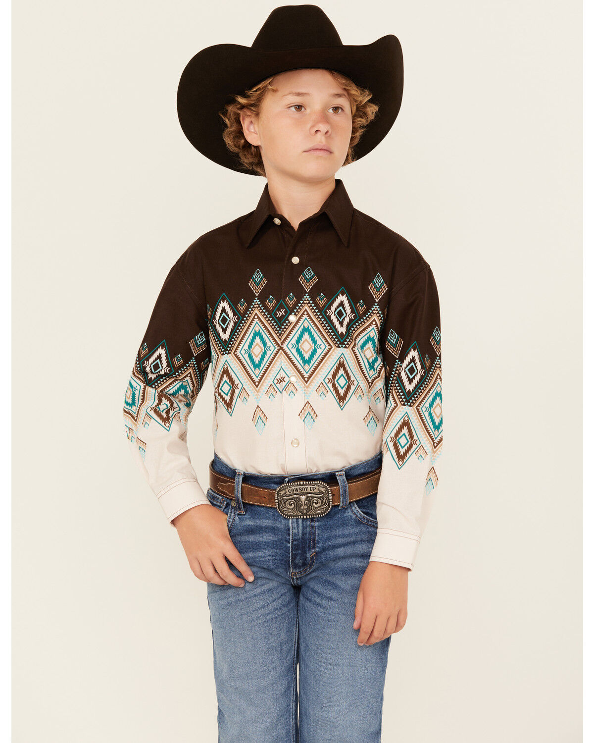 Panhandle Boys' Southwestern Print Border Long Sleeve Snap Western Shirt
