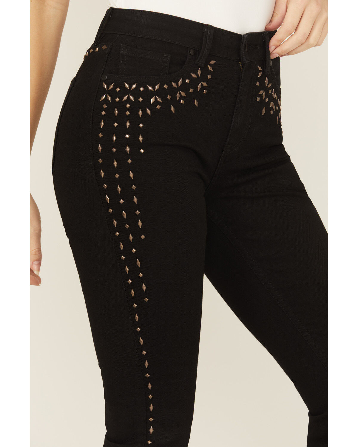 Wonderwest Women's Rigid Like Black Studded High Rise Bootcut Stretch Denim Jeans