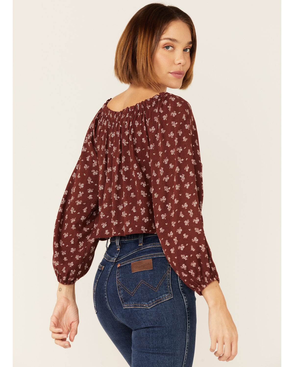 Wild Moss Women's Floral Cold Shoulder Tie-Front Top