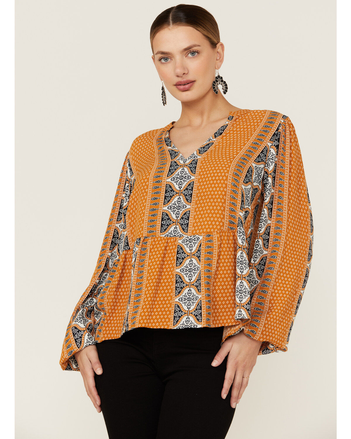 Wrangler Retro Women's Split Neck Peplum Print Mustard Peasant Top