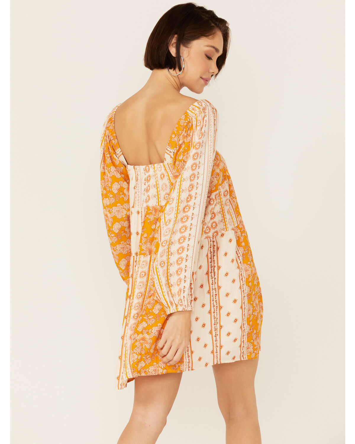 En Creme' Women's Cream Yellow Patchwork Long Sleeve Baby Doll Mini Dress