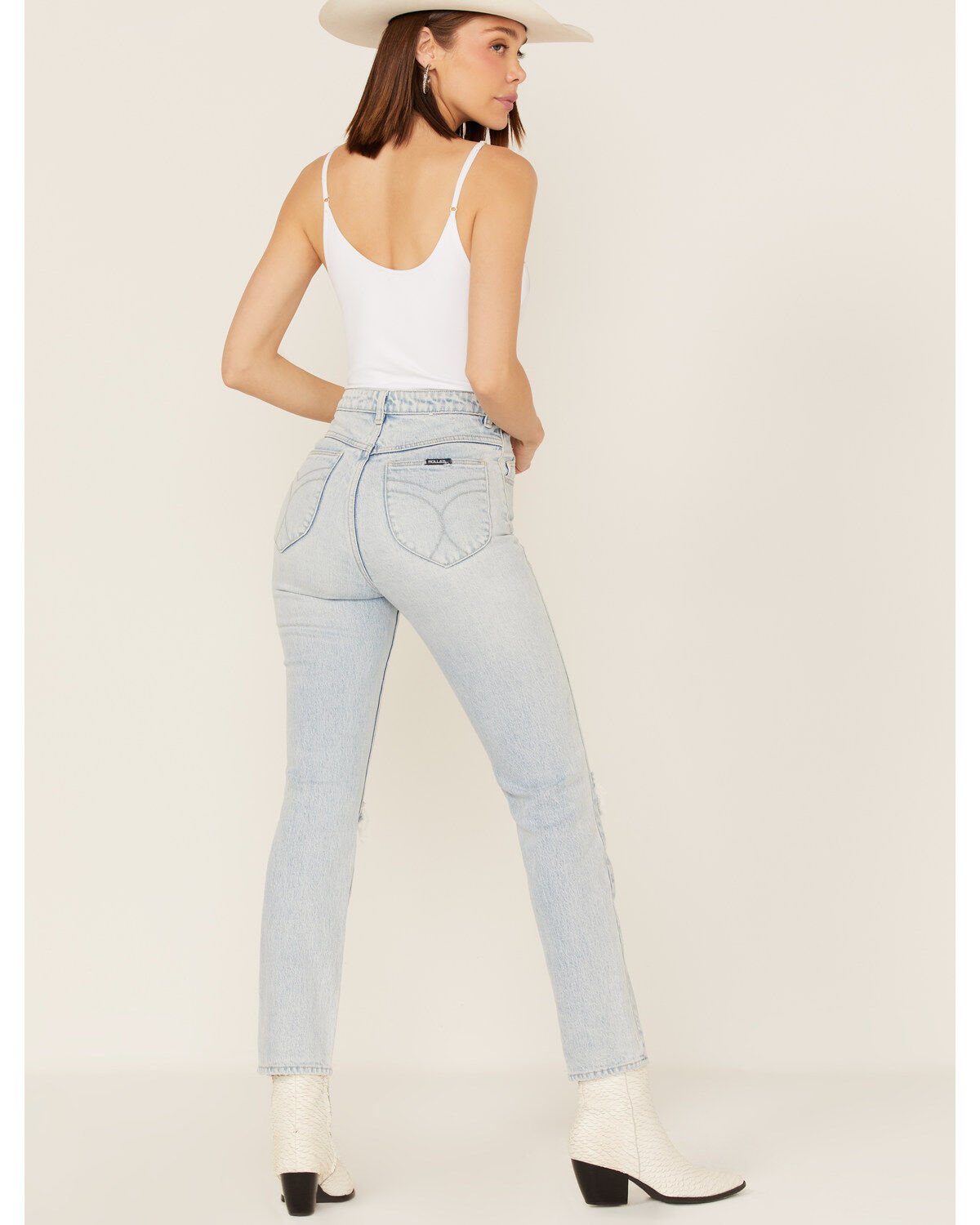 Rolla's Women's Light Wash High Rise Distressed Slim Dusters Straight Jeans