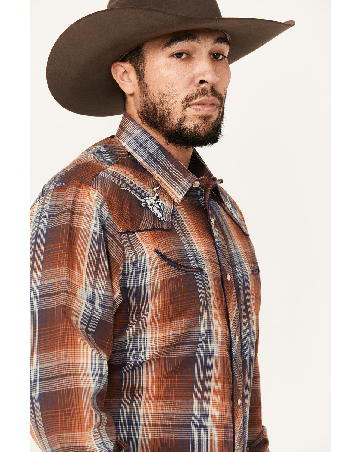Roper Men's Plaid Print Embroidered Long Sleeve Pearl Snap Western Shirt