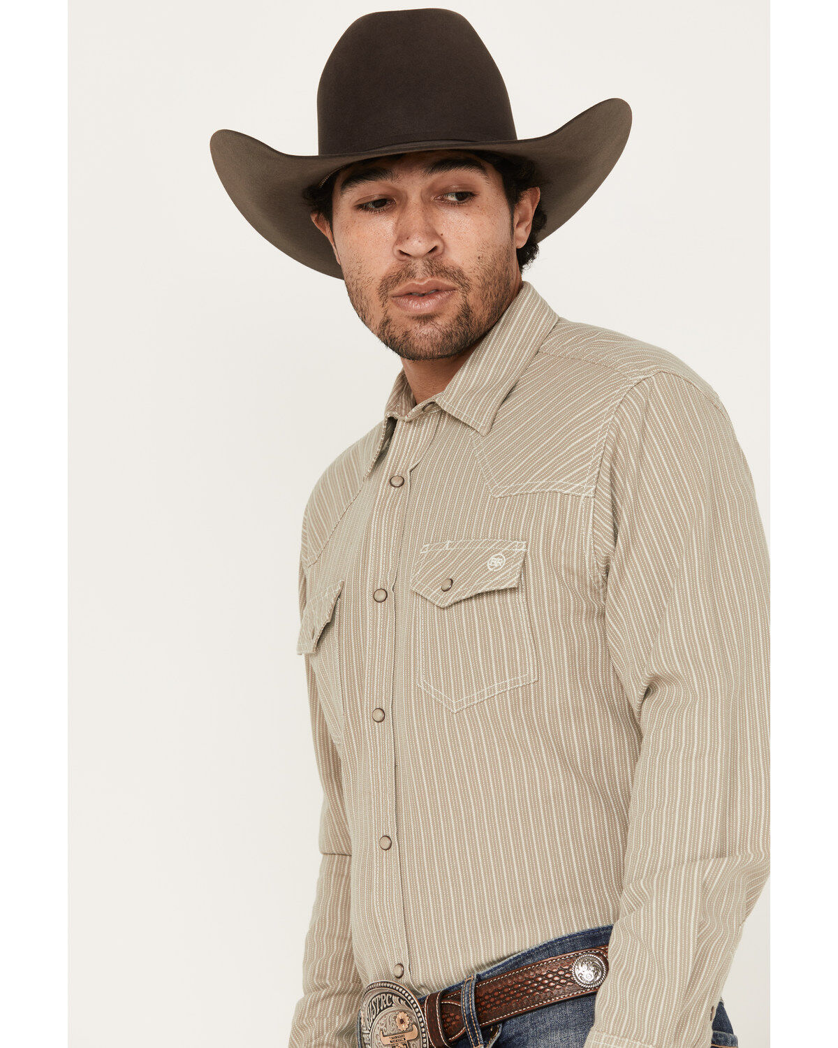 Blue Ranchwear Men's Denim Dobby Striped Long Sleeve Western Pearl Snap Shirt