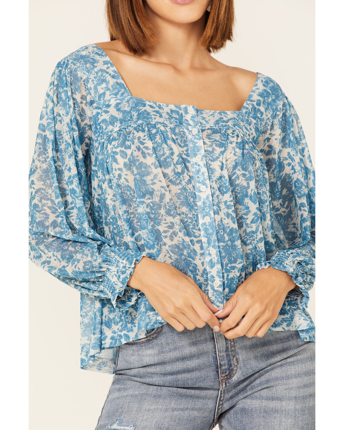 Beyond The Radar Women's Floral Print Long Sleeve Mesh Top