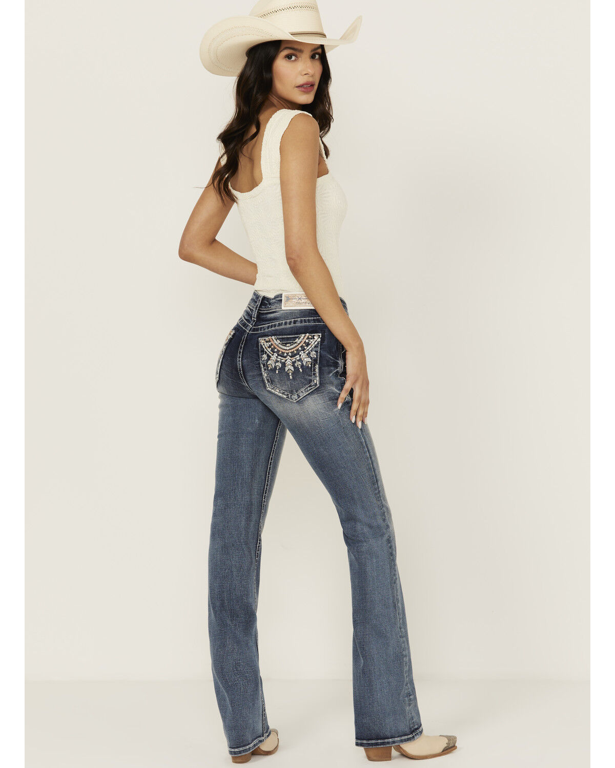 Grace in LA Women's Medium Wash Mid Rise Dreamcatcher Pocket Bootcut Stretch Denim Jeans